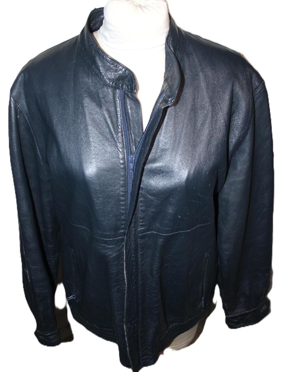 Vera Pelle Leather Jacket Mens XL Dark Blue Made in Italy Zip Front Cafe Racer